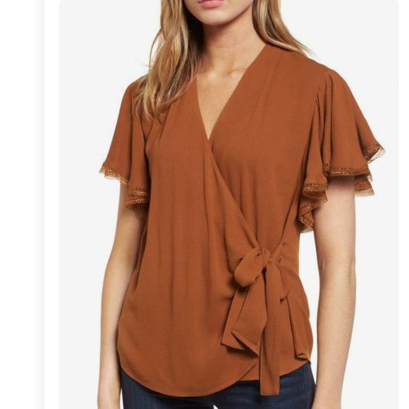 Ruffle Wrap Blouse in Terracotta Orange - Picture 1 of 9